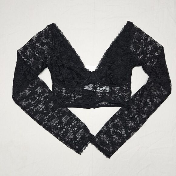 NWT Forever 21 Floral Lace Long Sleeve Cropped Lingerie V Neck Top Size Small - Picture 2 of 5